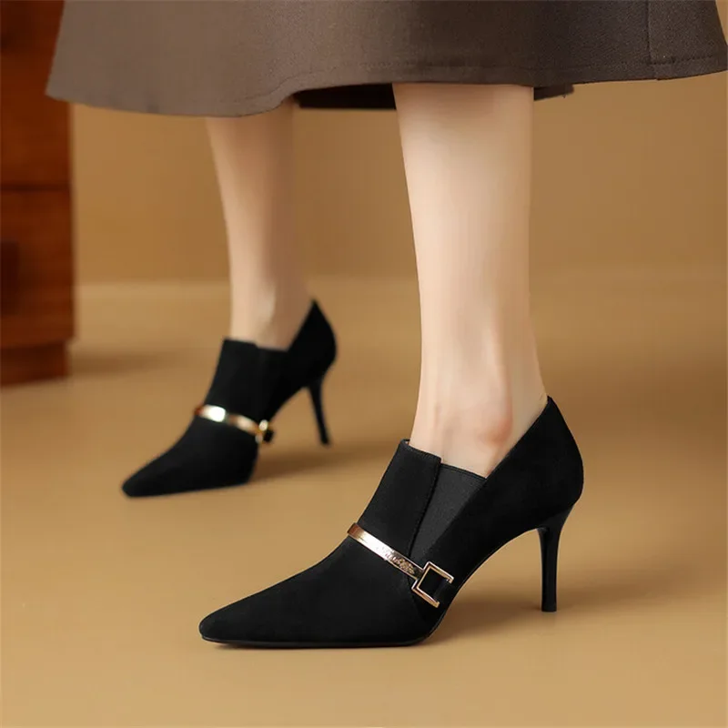 New 2024 Spring Sheep Suede Pointed Toe Pumps Shoes for Women Deep Mouth New Loafers High Heels atos De Mujer 8f97