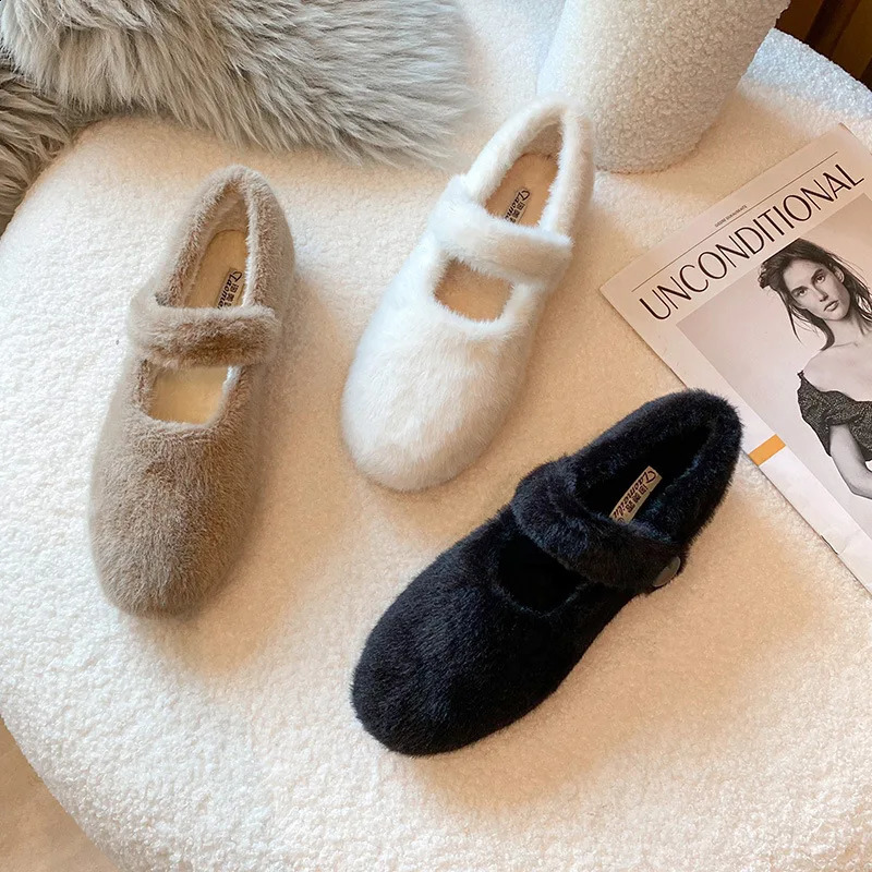 Rabbit Fur Mary janes shoes woman round toe ankle strap furry loafers 34-43 big size warm plush winter shoes female cotton flats 240903