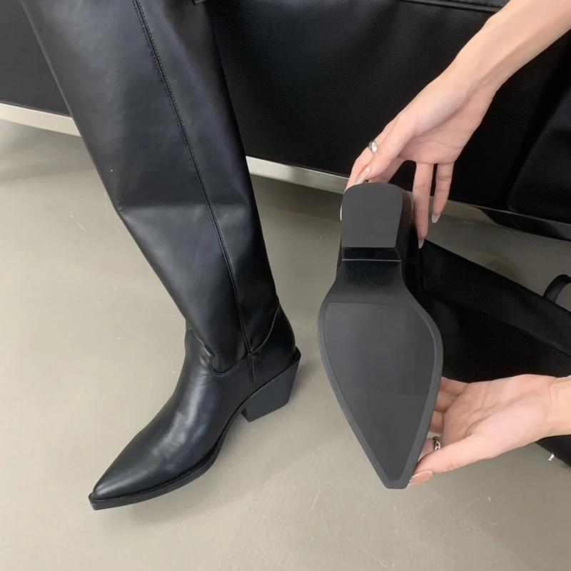 2024 Winter Belt Buckle Pointed Toe Women Knee-High Boots Fashion Vintage Square Low Heels Ladies Shoes