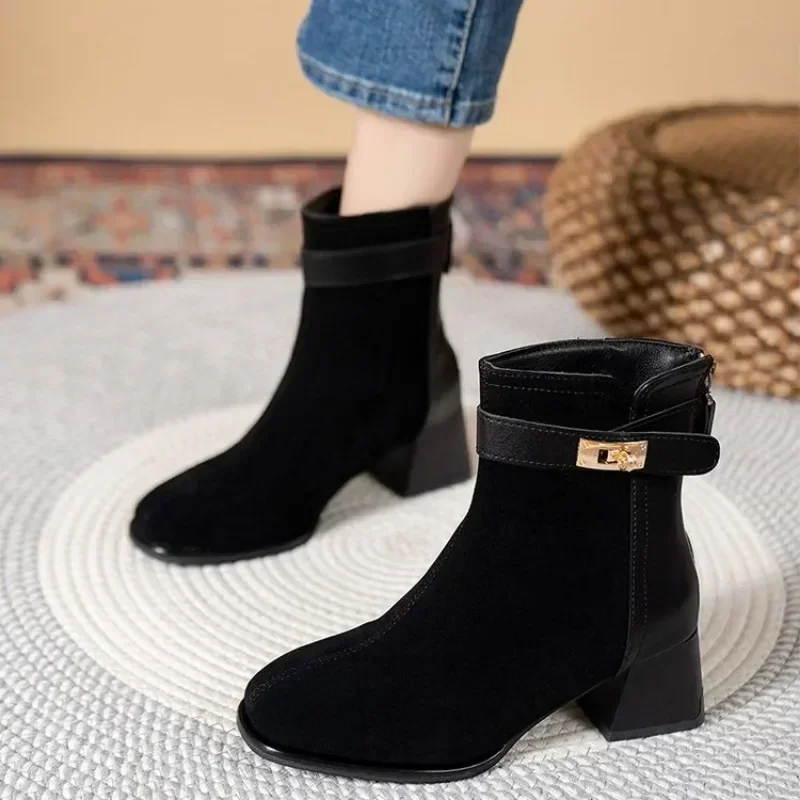 2024 Shoes Sheep Suede Short Boots Square Toe Chunky Heel for Winter Mature Women Solid