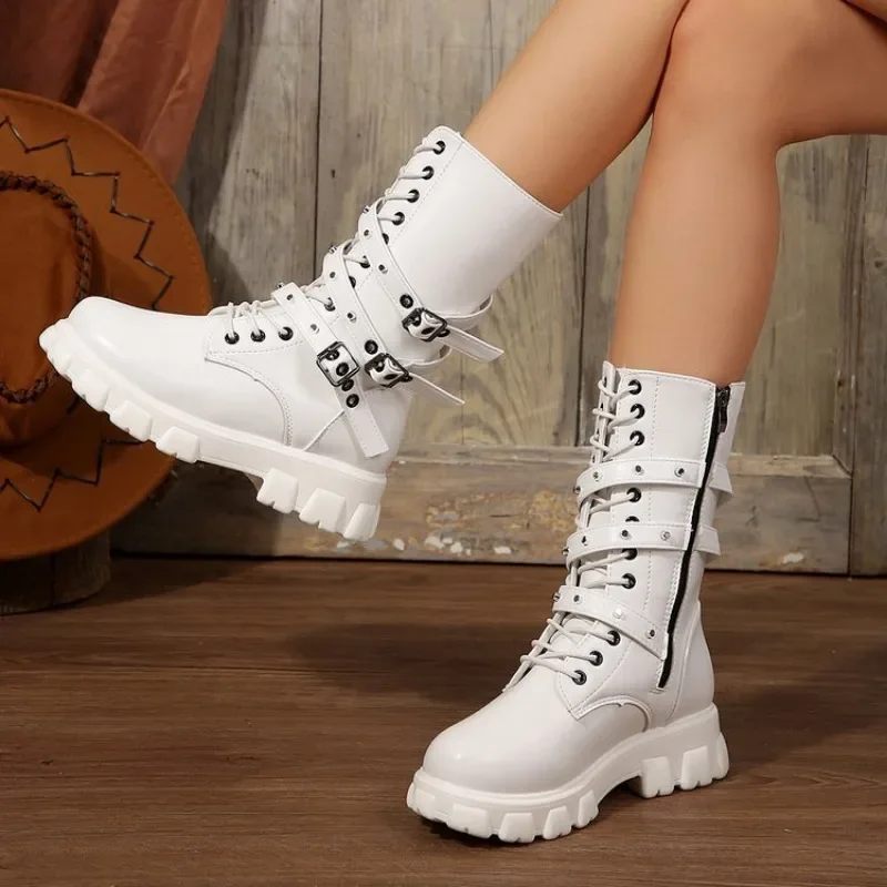 Mid New Calf Women Autumn Winter Fashion Lace-up Zipper Botas Mujer Sports Platform Heel Ladies Shoes Knee High Boots 4880
