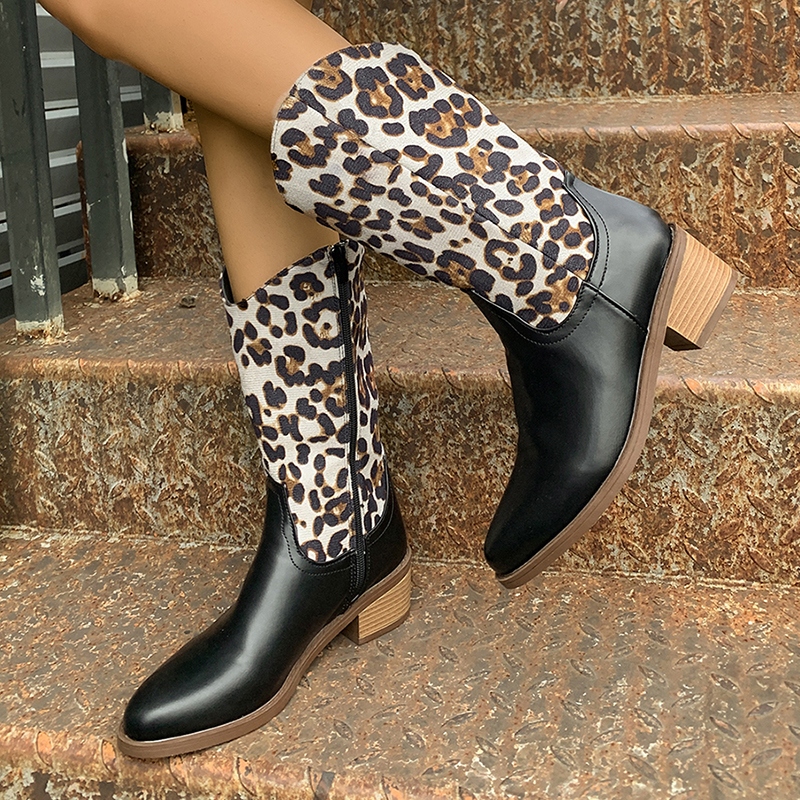 Leopard Sexy Women's Pointed Toe Mid-Calf Boots Patchwork Thick Heel Pu Leather Plus Size 43 Autumn Winter Catwalk Ladies Shoes 1ea5