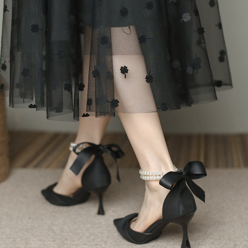 Silk Ankle Pearl White Design 8cm High Heels Women Pumps Stiletto Sexy Bow Strap Dress Wedding Bride Shoes Plus Size 2024