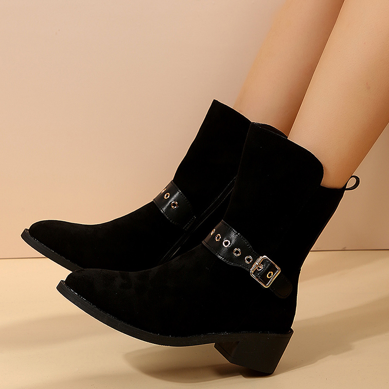Fashion Belt Buckle Faux Suede Ankle Women Side Zip Block Heel Short Booties Mujer Pointed Toe Thick Heels Boots