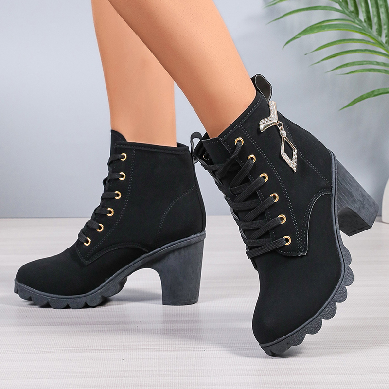 Women's Chunky Heeled Ankle Boots Metal Decoration High Heels Booties Woman 2024 Autumn Lace Up Platform Short Boots Plus Size