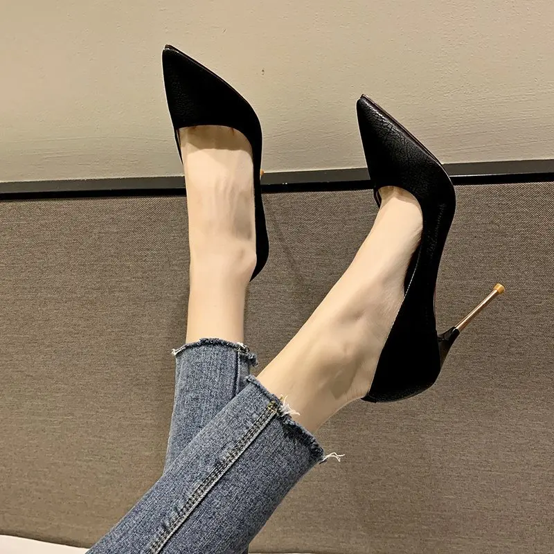 Pointed Spring Toe Denim 6-8cm Thin High Heels Lady Pumps Slip on New Sexy Hot Woman Party Classics Office Shoes Big Size Women 3f1a