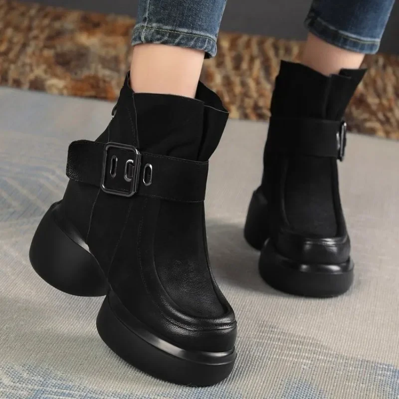 Brown 2024 Long Women Platform Elastic Soc British Wind Show Thin Metal Buckle Ankle Boots 35-40 3806