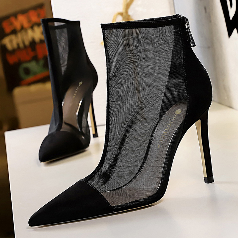 Mesh BIGTREE Hollow Women Smmer Breathable Sandals High Heels Stiletto Pointed Toe Short Boots Party Shoes NEW aa03
