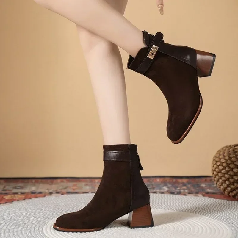 2024 Shoes Sheep Suede Short Boots Square Toe Chunky Heel for Winter Mature Women Solid