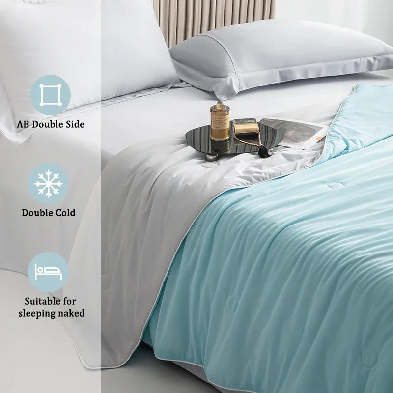 Summer solid color ice silk cooling blanket lightweight smooth doublelarge size cold 240903