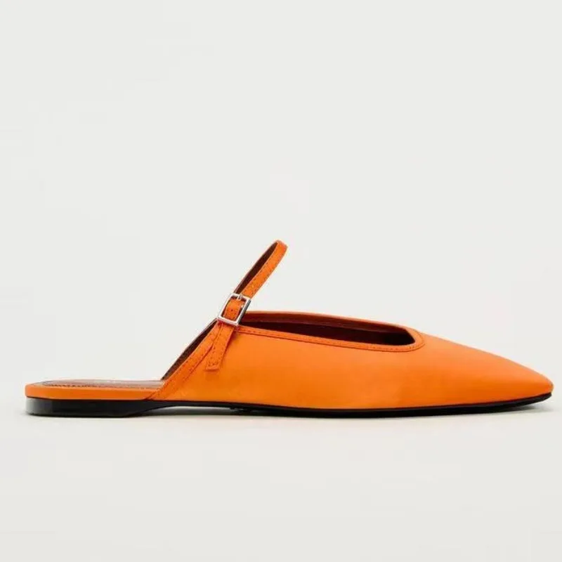 Summer Flat Sandals Woman 2024 New Square Toe Buckle Strap Breathable Satin Leisure Slingbacks Chic Mules Shoes for Ladies