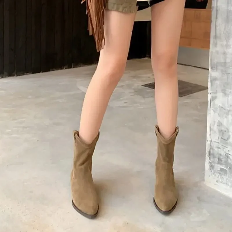 Western Pointy Cowboy Women Chunky Heels Mid-Calf Autumn Winter Fashion Retro Boots Ladies Mid Calf Booties 4578