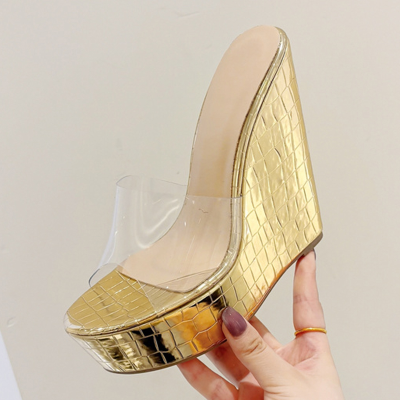 PVC Liyke Transparent Shoes For Women Platform Wedges Slippers Wide Band Round Head Open Toe Gold High Heels Summer Sandals e4fe e58