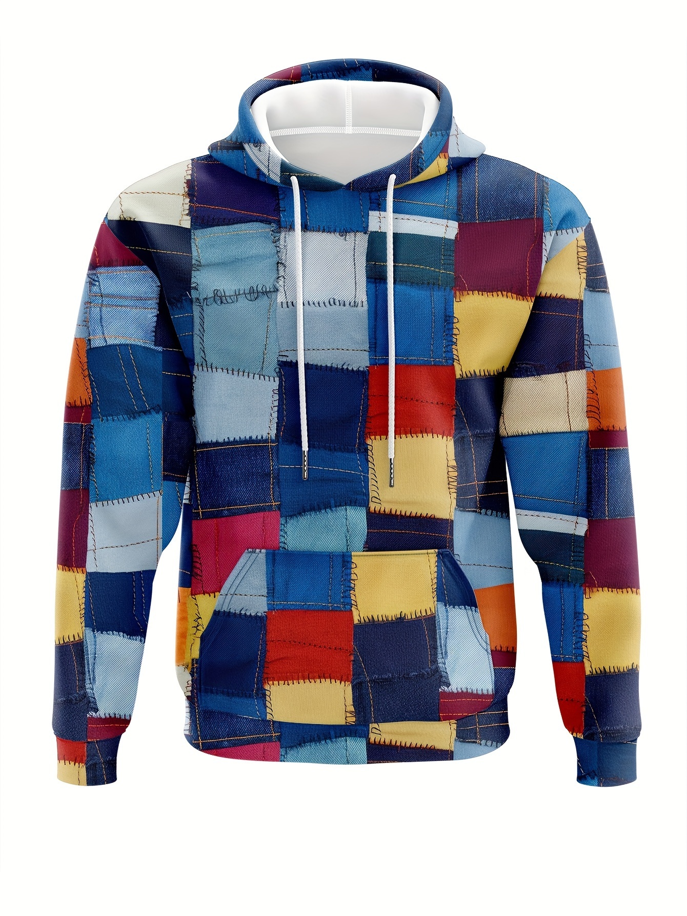 Colorful Checkered Graphic Print Hoodie - Comfortable Loose Fit, Kangaroo Pocket, Drawstring Hood, Casual Long Sleeve Design - Perfect for Outdoor Act