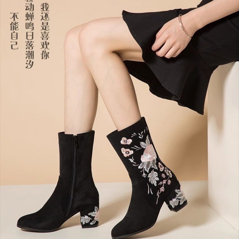 Women's Ankle Boots High Autumn And Winter Warm Cotton Shoes Women Suede Mid-heel Embroidered Mid-tube Booties Woman 40