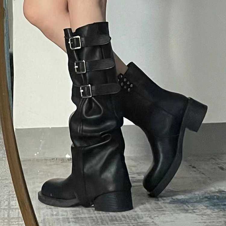 Western Cowboy Martin Boots For Women With Belt Buckles Pleated Pile Fashion Boots High Pointed Knight Boots Slim And Long Boots 240826