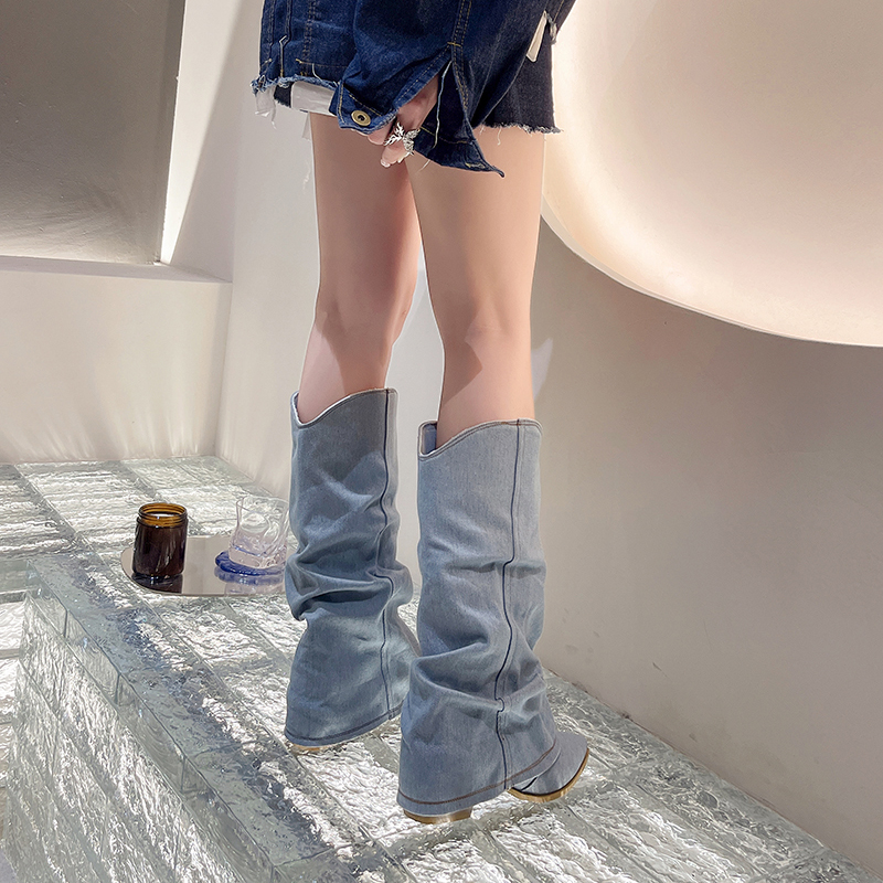 Pleats New Blue Denim Thigh High for Women Autumn Thick Heeled Pointed Toe Cowboy Woman Slip on Western Long Boots d559 Lg