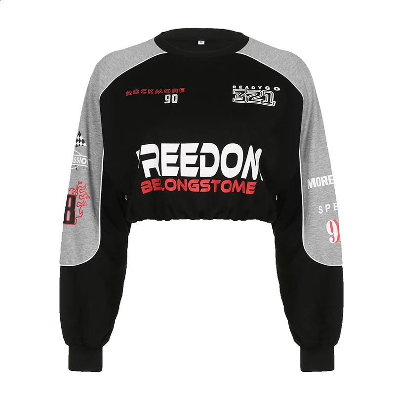 BIKPIIK Fashion Contrasting Letter Print Moto Biker Womens Hoodies Street Clothing OCollar Full Set Floral Casual Sports Parachute 240814