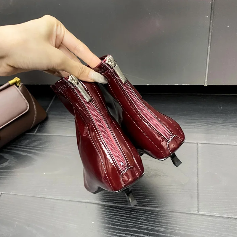 Eilyken New Design Patent Leather Pointed Toe Women Ankle Boot Autumn Winter Zipper Thin Low Heels Wedding Party Shoes d239