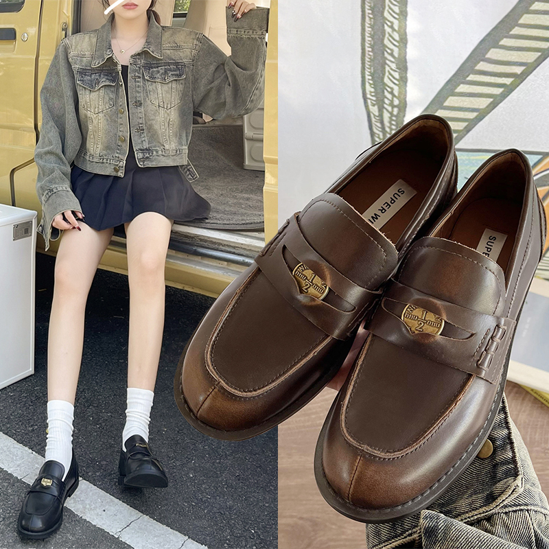 British Style Autumn Fashion Women's Shoes 2024 New Solid Color Round Toe Flats Decoration Slip-On Women's Loafers D33