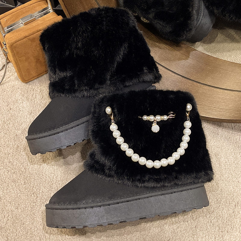 New Winter String Bead Plush Women's Warm Stylish Thick Platform Slip On Boots Faux Fur Plus Size 43 Ankle Botas Shoes 8d38