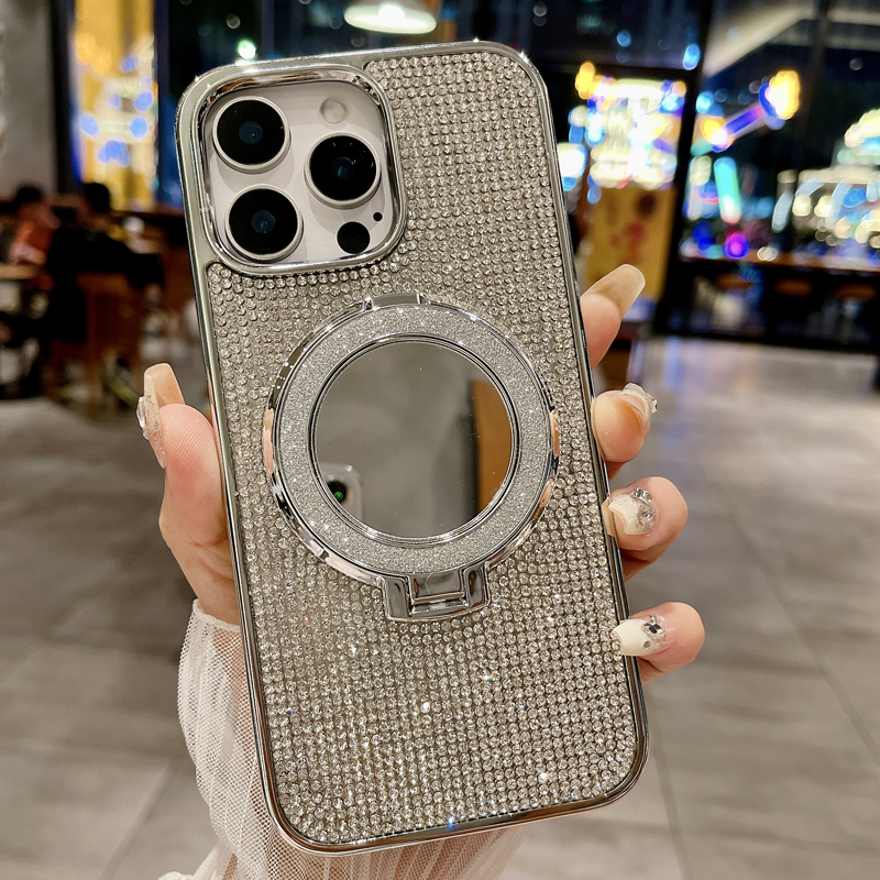 Luxury Bling Glitter Plating Full Diamond Magnetic For Magsafe Grip Make Up Mirror Hide Bracket Ring Stand Shockproof Case for iPhone 12 13 14 15 16 P