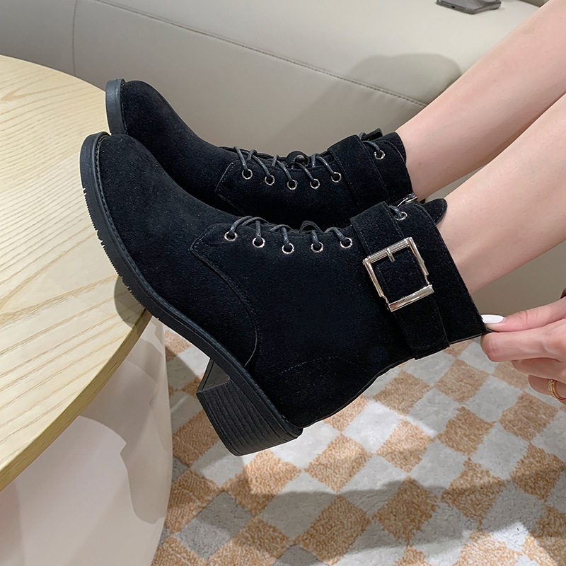 Women's 2024 Fashion Pointed Toe Women Belt Buckle Pullback Short Suede Low Heel Side Zipper Ankle Boots D320 699c