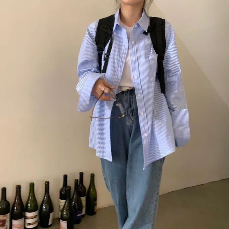 Blue striped long sleeved womens spring and autumn style loose button lapel top casual simple matching shirt 240814
