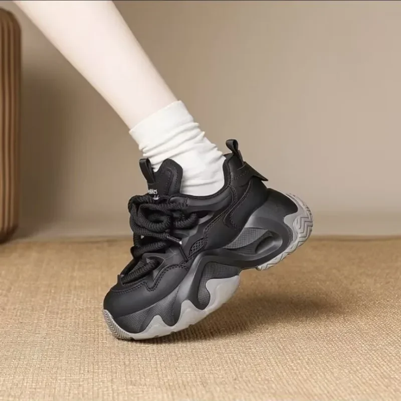 Women's Sneakers New Style Fashion Thick Soled Lace Up Soft Sole Comfort Anti Slip Height Increasing Round Toe Shoes 2024