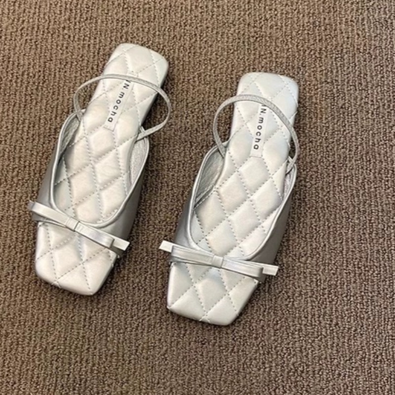 2025 new Women Sandals New Trend Flat Sole Slippers In Summer Black Square Head Comfortable Women's Bowknot Vacation Beach Shoes e5bd 's