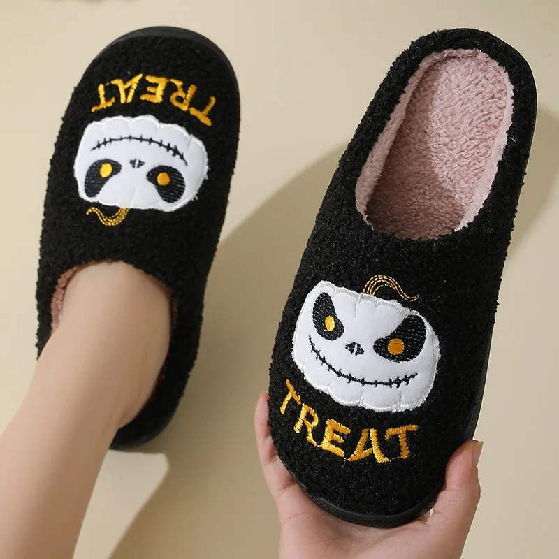 New Halloween Cute Cartoon Pumpkin Warm Furry Cotton Slippers Fashion Soft Sole Couples Home Indoor Cotton Shoes