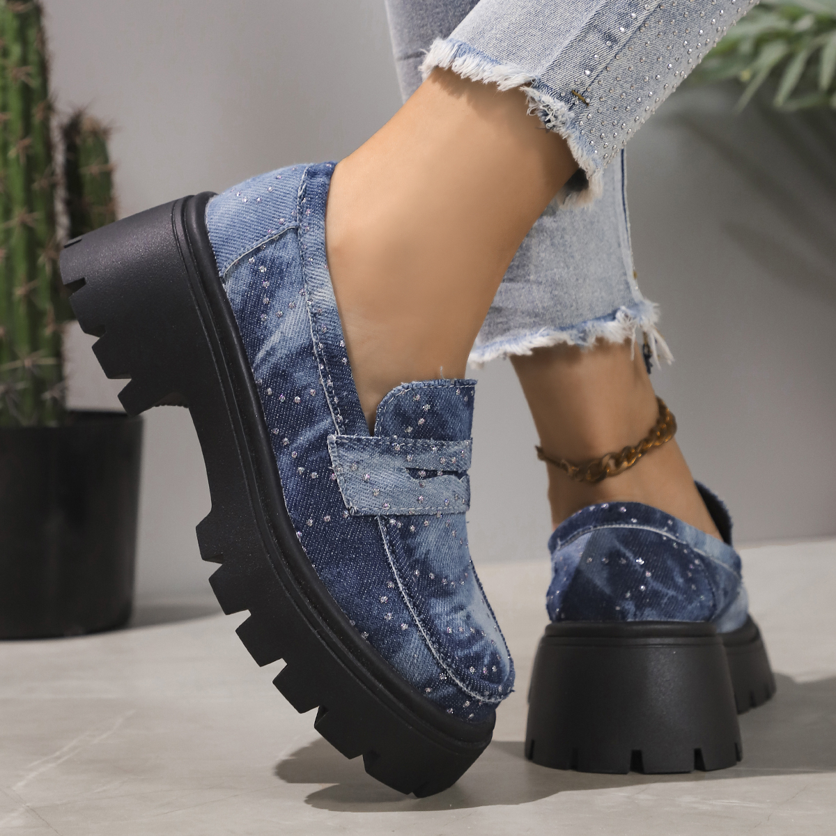 Rimocy 2024 New Women Chunky Heels Loafers Fashion Crystal Slip On Platform Shoes Woman Gothic Thick Bottom Shallow Denim Pumps
