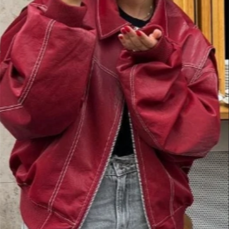 Vintage Pu Leather Laceup Short Jacket For Women Fashion Lapel Long Sleeves Irregular Coat 2024 Ladies Office Commute Outwear 240903