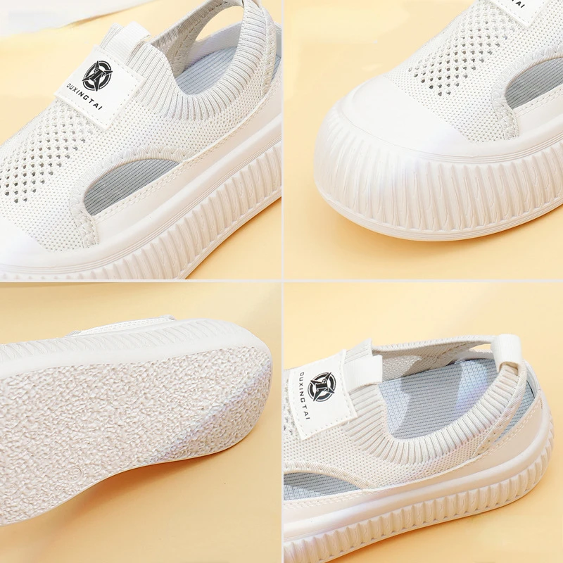 2025 NEW Korean New Mesh Hollow Out Breathable Flat White Casual Platform Knitted Shoes Sneakers atillas Mujer c