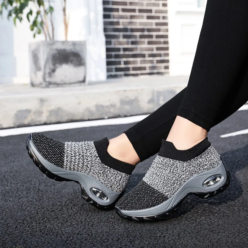 Ladies Sneakers Casual Shoes Mesh Round Shap Air Cushion Color Matching Breathable Non Slip Women Flat Large Size 44
