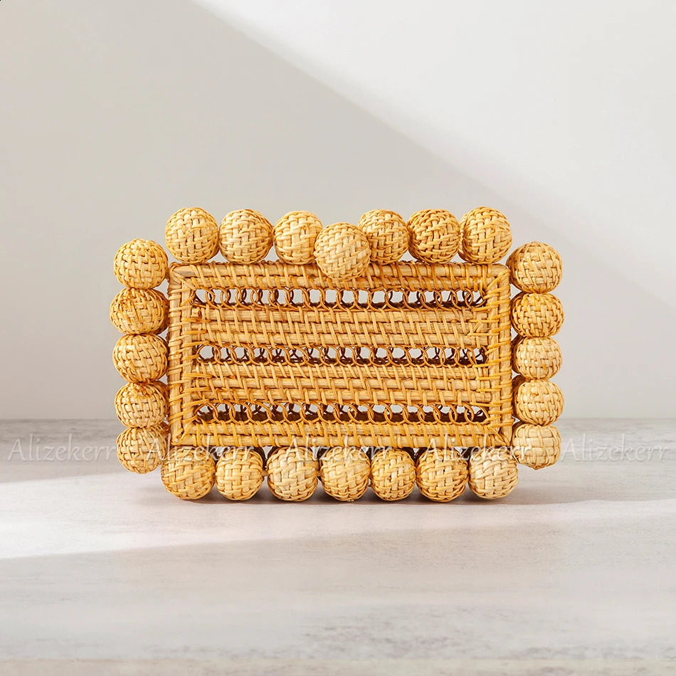 Alizekerr Beaded Hollow Out Wicker Bags Women Summer er Hand Woven Square Beach Straw Handbags Bohemian Holiday 240903 4