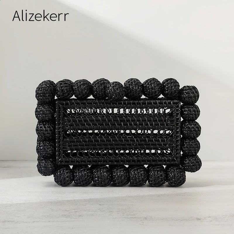 Alizekerr Beaded Hollow Out Wicker Bags Women Summer er Hand Woven Square Beach Straw Handbags Bohemian Holiday 240903 4