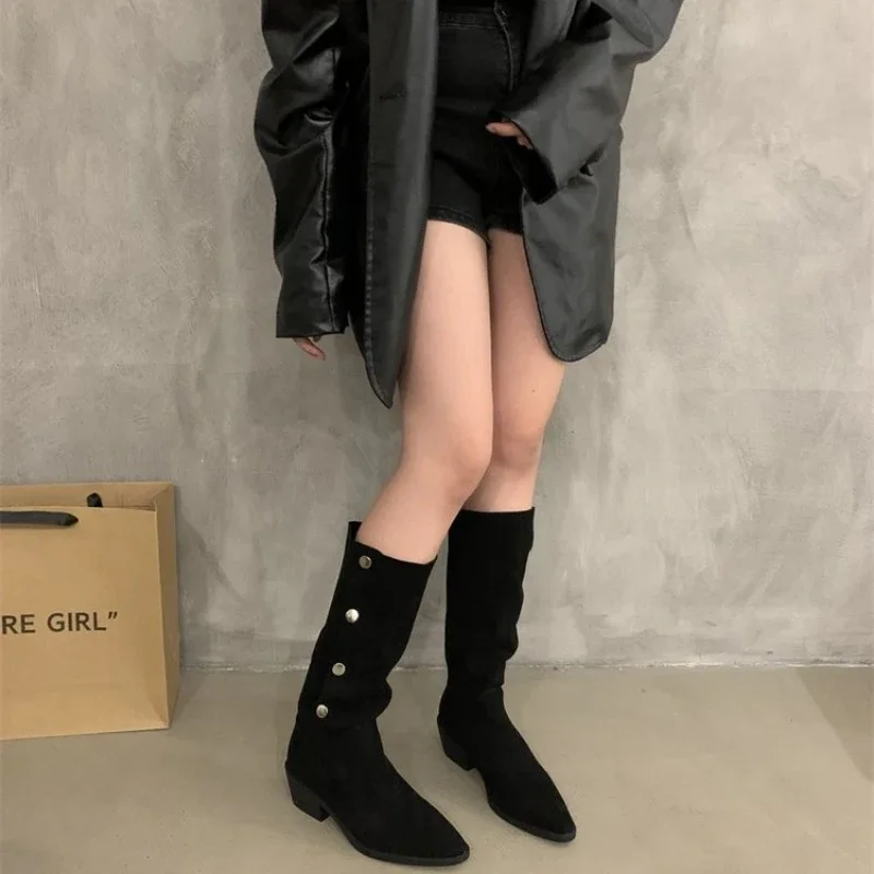 New New 2024 Woman Suede spring Sexy Thick-heeled Women's Riding Botas Warmth Non-slip High Shoes Buckle Boots of Women
