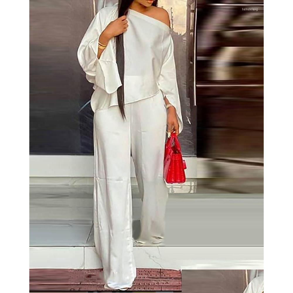 Womens Two Piece Pants Fashion Women Casual Street Style Long Sleeve Card Shoder Top Elastic Set Wholesale Drop Delivery Apparel Cloth Otj12