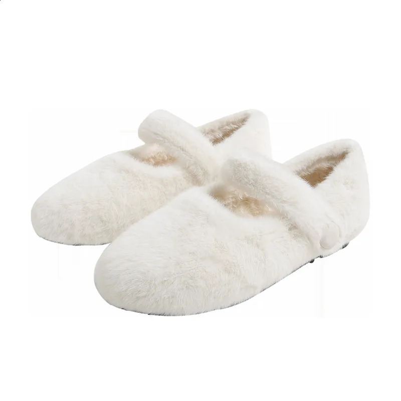 Rabbit Fur Mary janes shoes woman round toe ankle strap furry loafers 34-43 big size warm plush winter shoes female cotton flats 240903