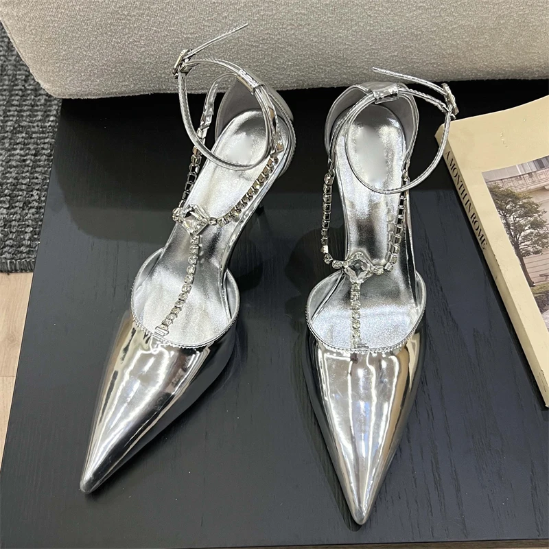 Eilyken CRYSTAL Pointed Toe Buckle Strap Pumps Women Thin High Heels Shoes Sexy Stripper Party Sandalias De Mujer 10c6