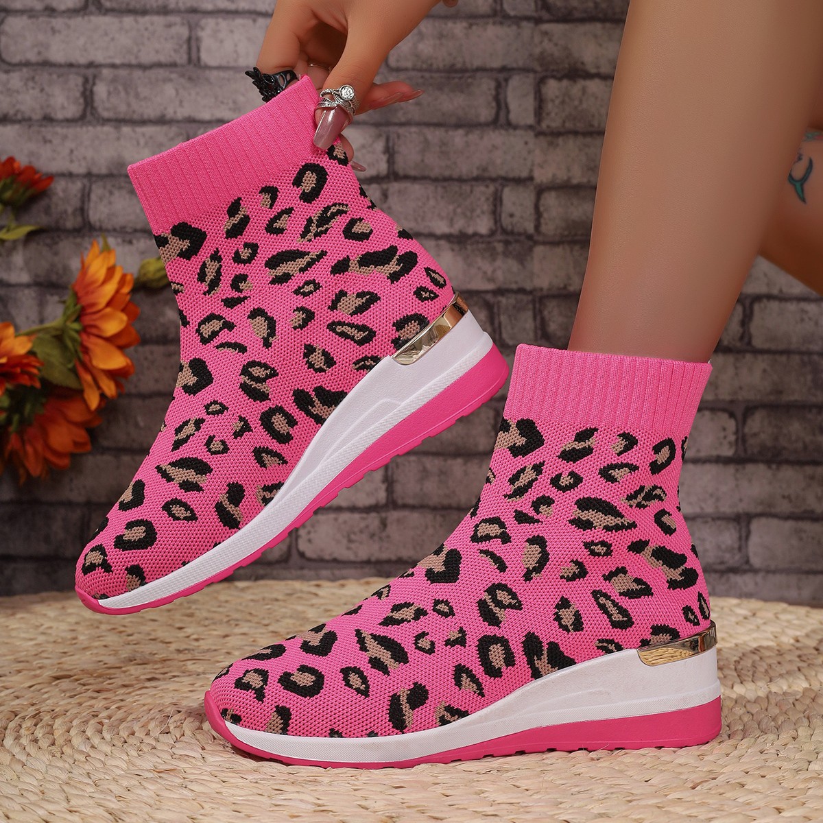 Random Print Ankle Sock 2024 New Winter Women Boots Wedges Shoes Casual Fashion Sexy Chaussures Femme 14aa