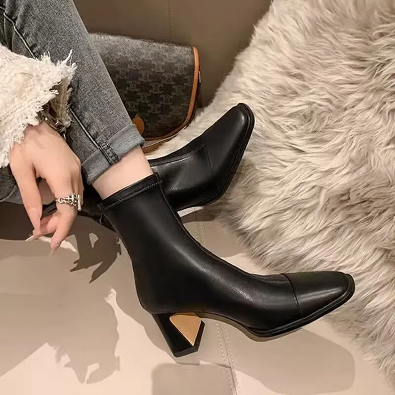Ankle Boot New Women Winter 2024 Black Sexy Square Head Low Heel Shoes Footwear Zip Comfy Short Boots White Stretch Tight Boots