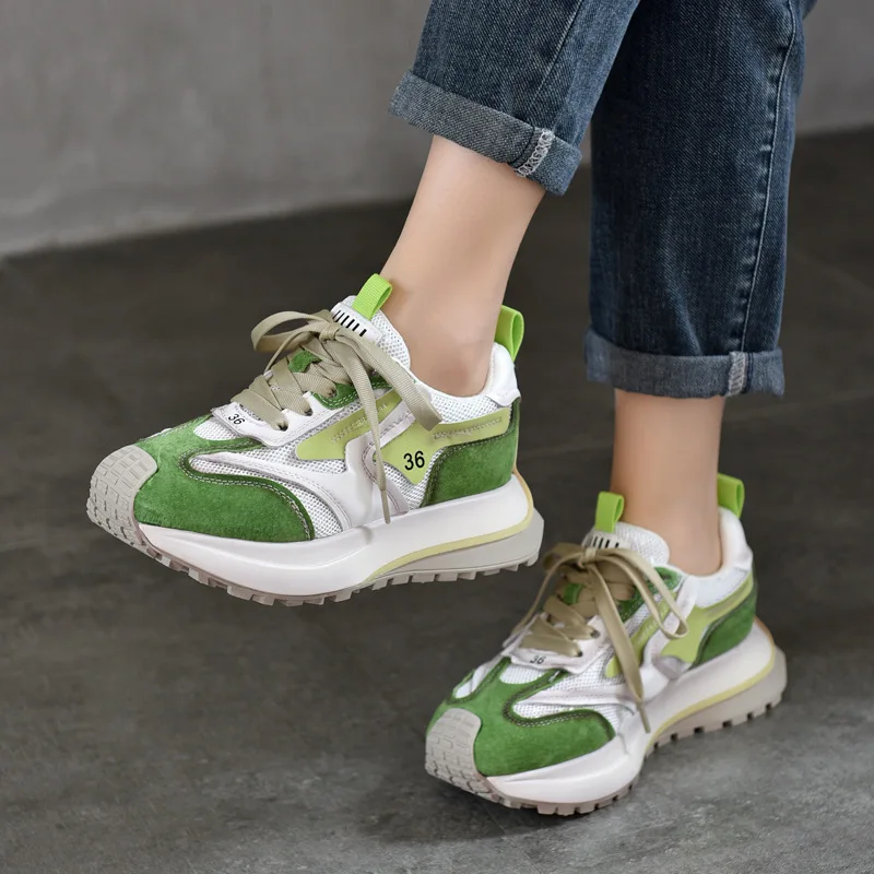 Koznoy 4.5cm New Air Mesh Leather Pigskin Women Ankle Boots Fashion Chunky Sneaker Comfy Flats Booties Mixed Color Summer Shoes