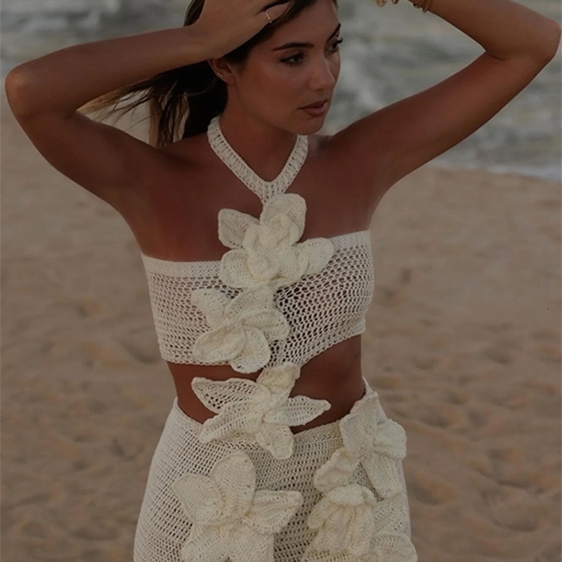 3D Flower Knitted Mini Dresses For Women Backless Hollow Out Lace Up Short Dress Fashion Slim Chic Beach Female 240903