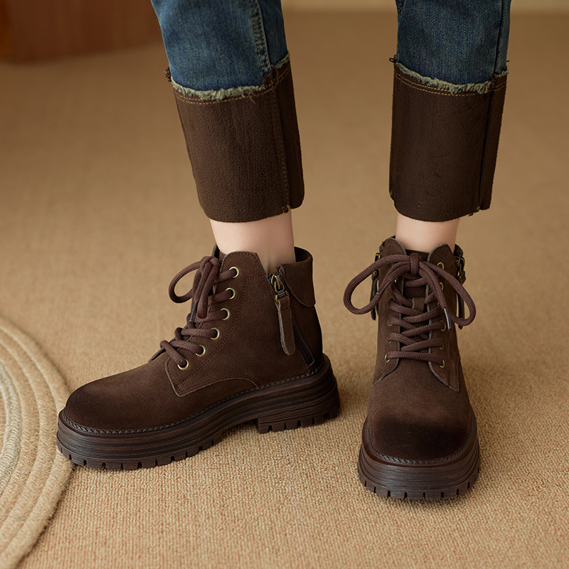 AIYUQI Women's Ankle Boots 2024 New Suede Leather Women Biker Boots British Style Zip Platform Vintage Booties Women