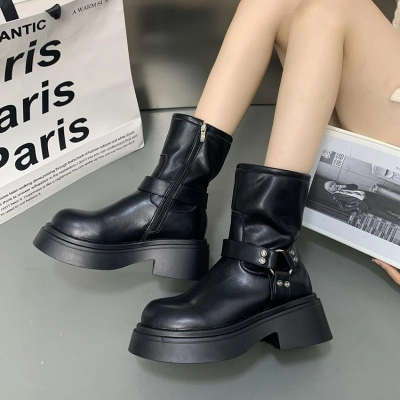 Rubber Women's Boots Shoes Boots-Women Winter Footwear Zipper Round Toe Rain Lolita Ladies 2024 Autumn Rock Med Cowboy Rome Ankl d5ac -Women