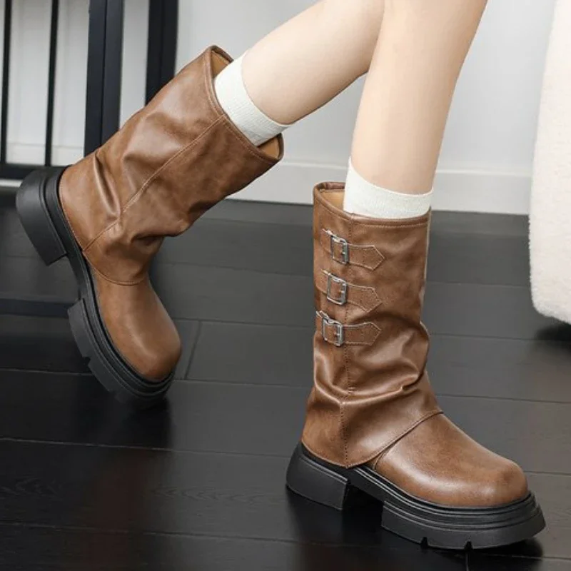 Winter 2024 Cowboy for Women Fashion Belt Buckle Long Boots Female Elegant Square Heel Women's Knight Bootties 70ed 's