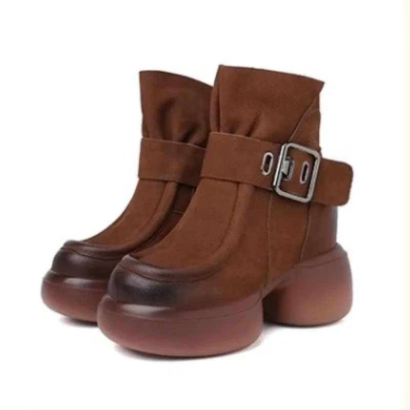 Brown 2024 Long Women Platform Elastic Soc British Wind Show Thin Metal Buckle Ankle Boots 35-40 3806