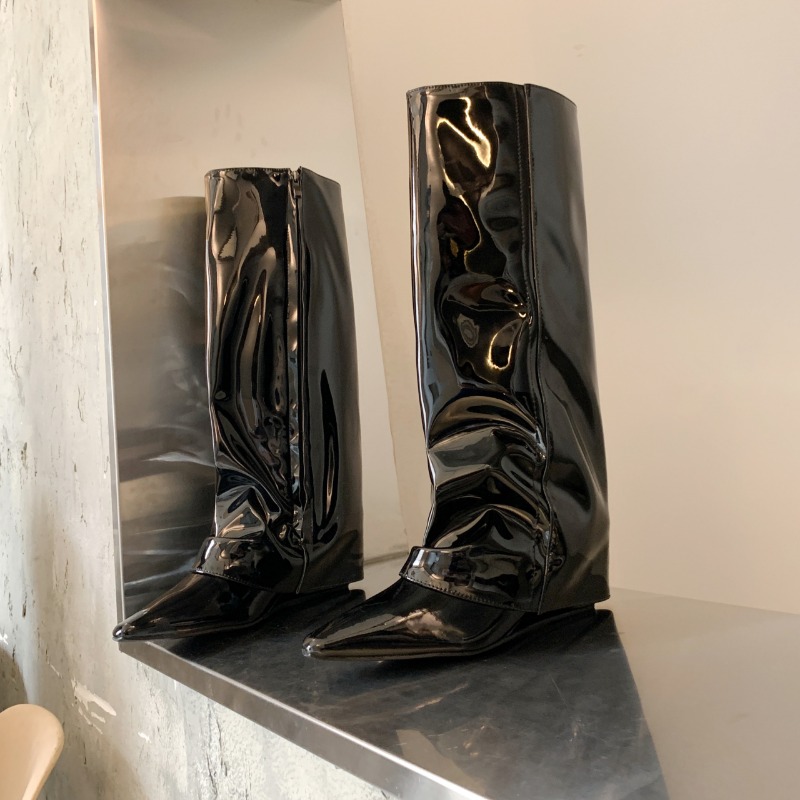 Women Patent Leather Over The Knee New Female Pointy Thigh Boots Sexy Side Zipper Black High Heels Party Shoes